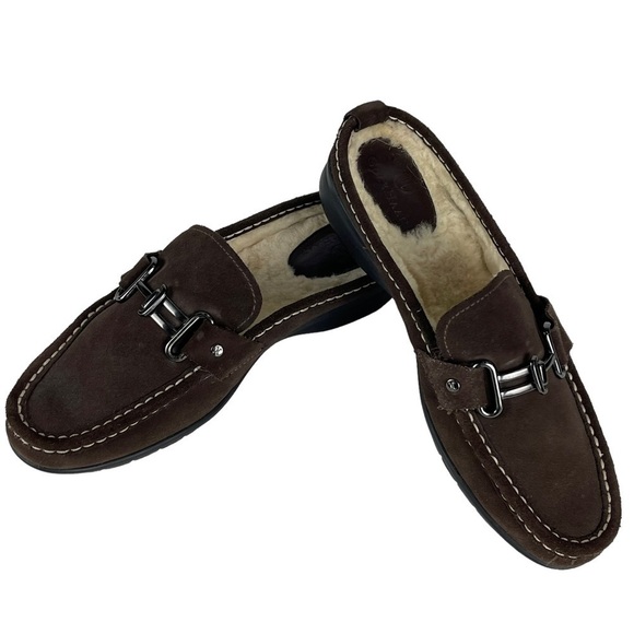 COLE HAAN D20693 BROWN SUEDE SHEEPSKIN LINED RUBBER WATERPROOF SOLE CLOG MULES - Picture 1 of 14